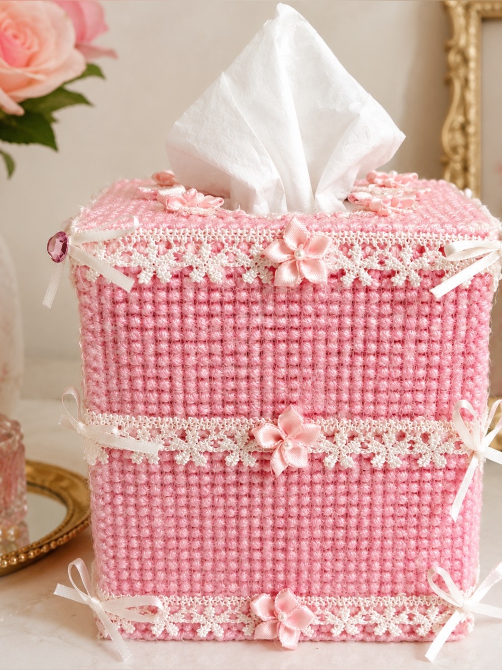 Vintage Pink Plastic Canvas Tissue Box Cover Coquette Lace Bows Handmade